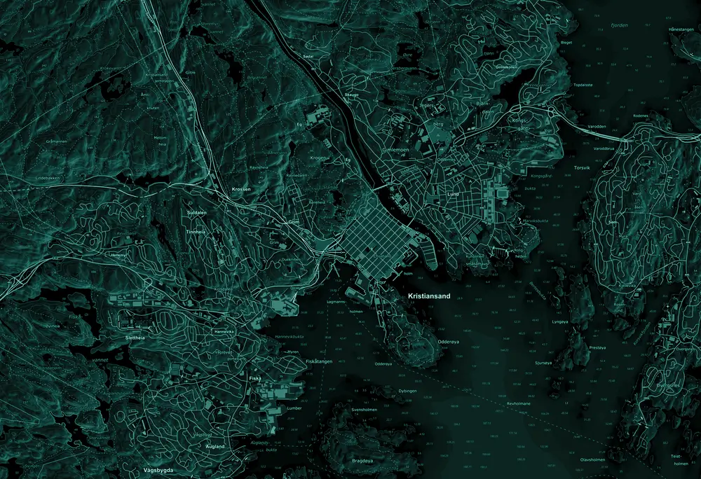 Kart over Kristiansand med Proffmeglerens kontor i Fjellgata 6